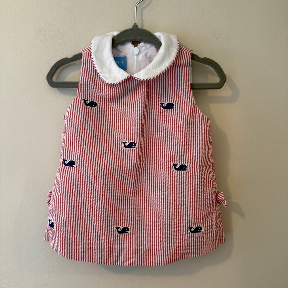 Anavini Baby Girls Red Seersucker Whale Embroidered Dress 3M JS32019A03